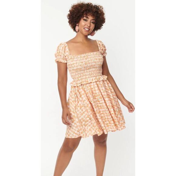 Unique Vintage Smak Parlor Peach Gingham Dress Small 4 - Picture 1 of 8